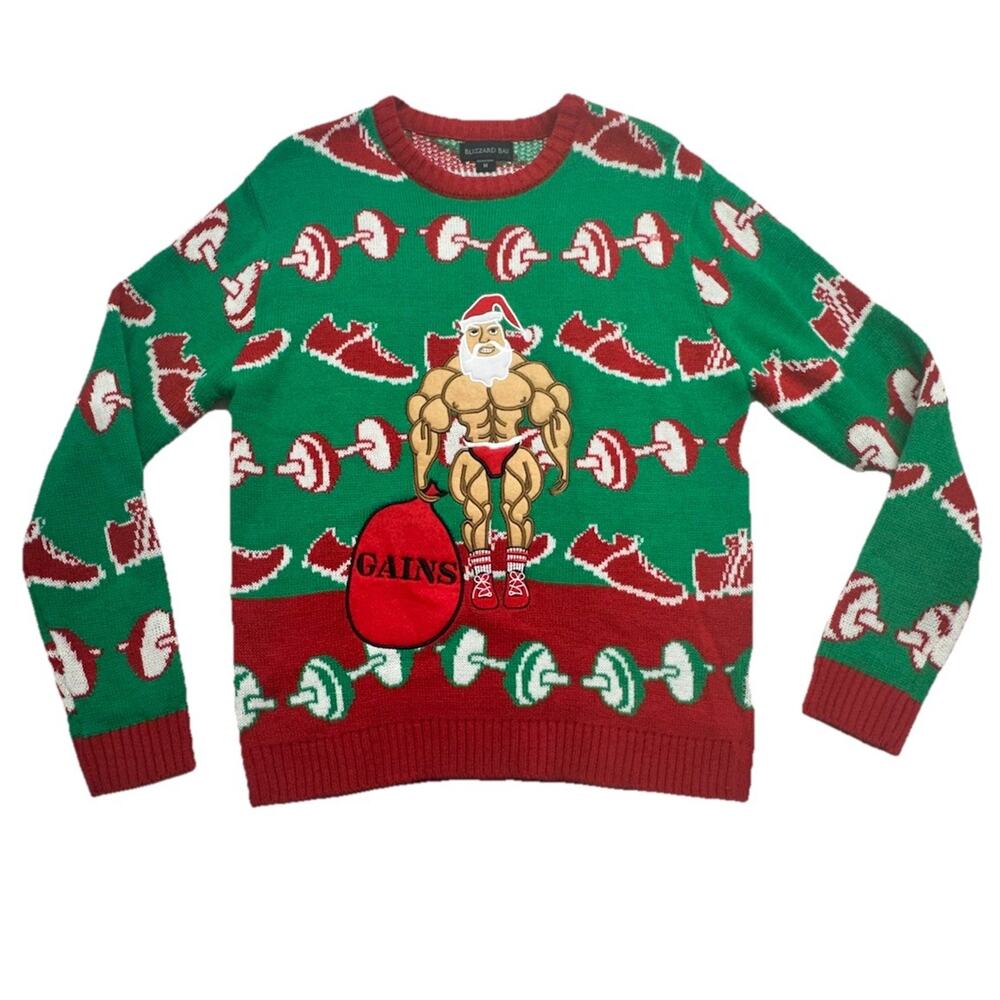 Ugly Christmas Sweater Size M Body Builder Santa Claus GAINS Dumbells Gym Rat